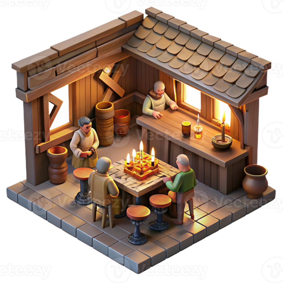 wonderful creative A medieval tavern interior with patrons drinking and gambling, warm candlelight, genre painting style, detailed wood textures high resolution png