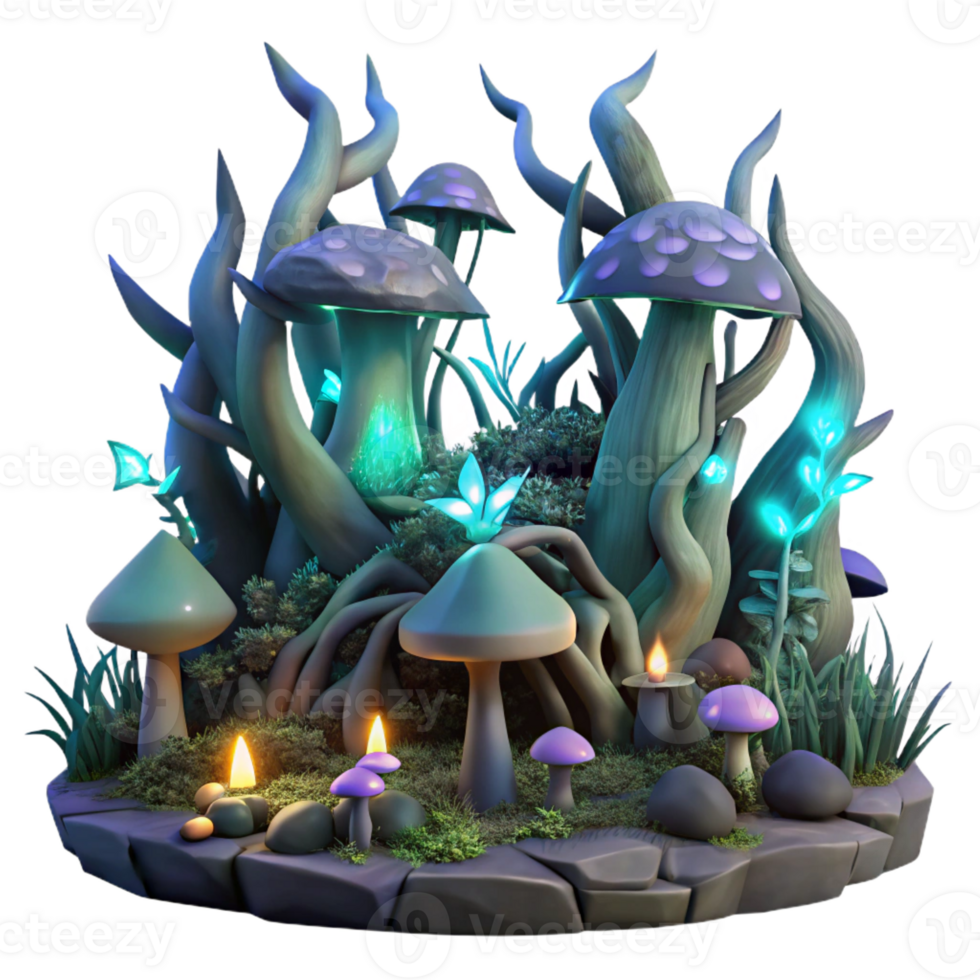serene abstract A corrupted forest teeming with twisted, thorny vines and glowing mushrooms, illuminated by an eerie, bioluminescent light. Rendered in a dark, fantasy art style exclusive png
