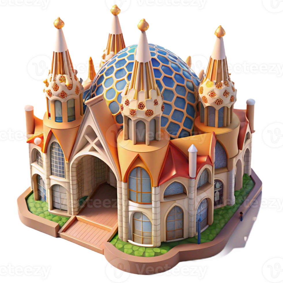 beautiful modern An intricate Gaudi-inspired building with mosaic tile facades, warm afternoon sunlight, isometric illustration style high quality png