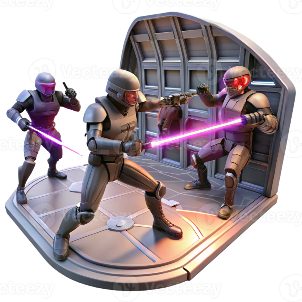 dramatic modern A group of space pirates fighting with laser swords in the zero-gravity environment of a derelict spaceship, illuminated by flashing emergency lights. Space opera style detailed png
