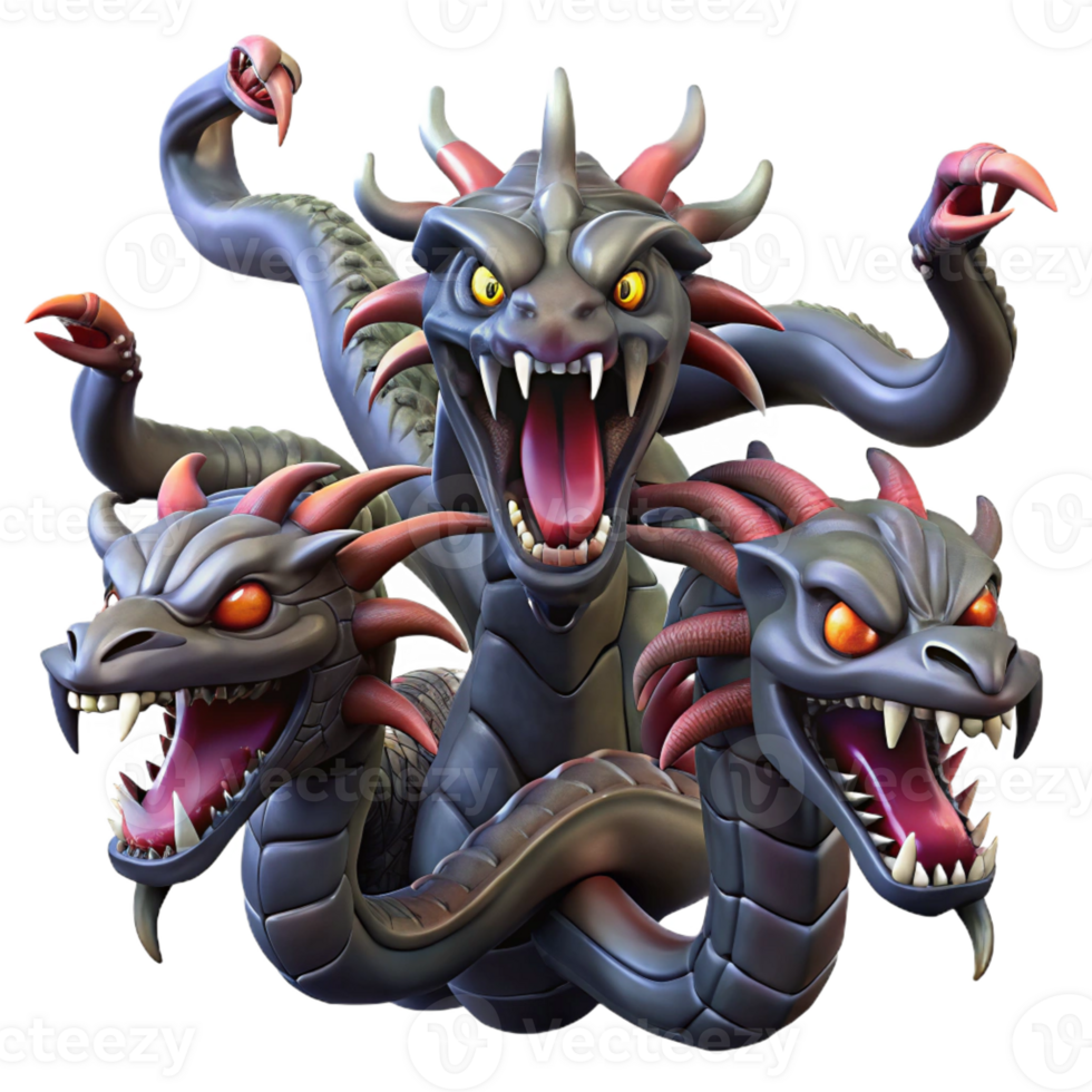 beautiful vintage A fierce hydra with multiple heads and venomous fangs, battling a group of heroes. Dramatic, high-contrast lighting. Epic Fantasy style detailed png
