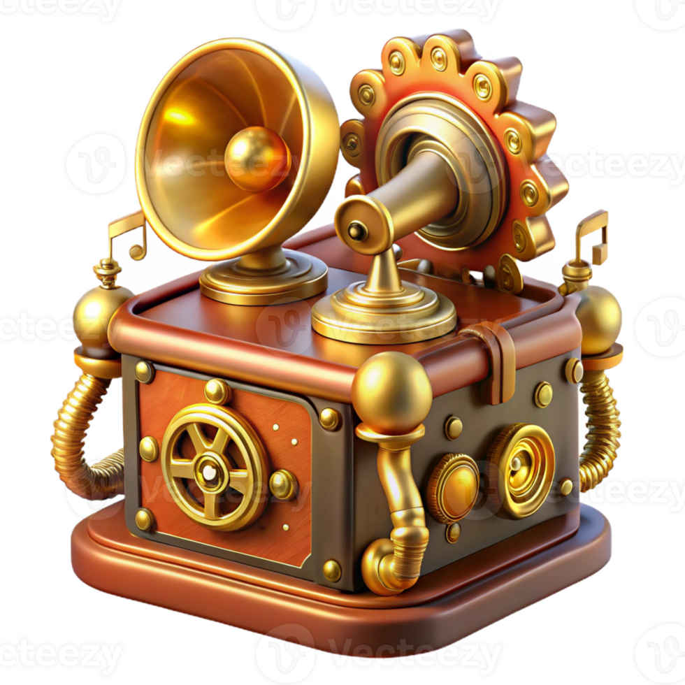wonderful classic A steampunk music box, playing a melancholic melody, with intricate gears and moving figures. Warm, golden lighting, romantic style, highly detailed exclusive png