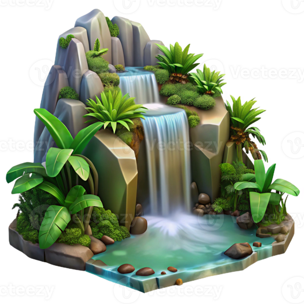 wonderful artistic A cascading waterfall in a tropical rainforest, lush greenery, photorealistic style 4K png