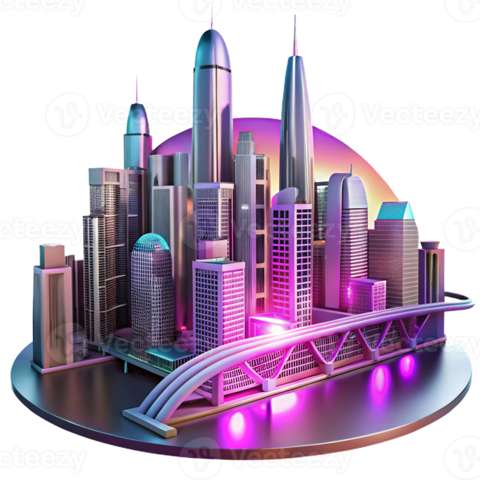 dramatic rustic A futuristic cityscape with sleek, chrome skyscrapers connected by glowing energy bridges, lit by a vibrant magenta sunset. Cyberpunk style, digital art, 8k resolution 4K png