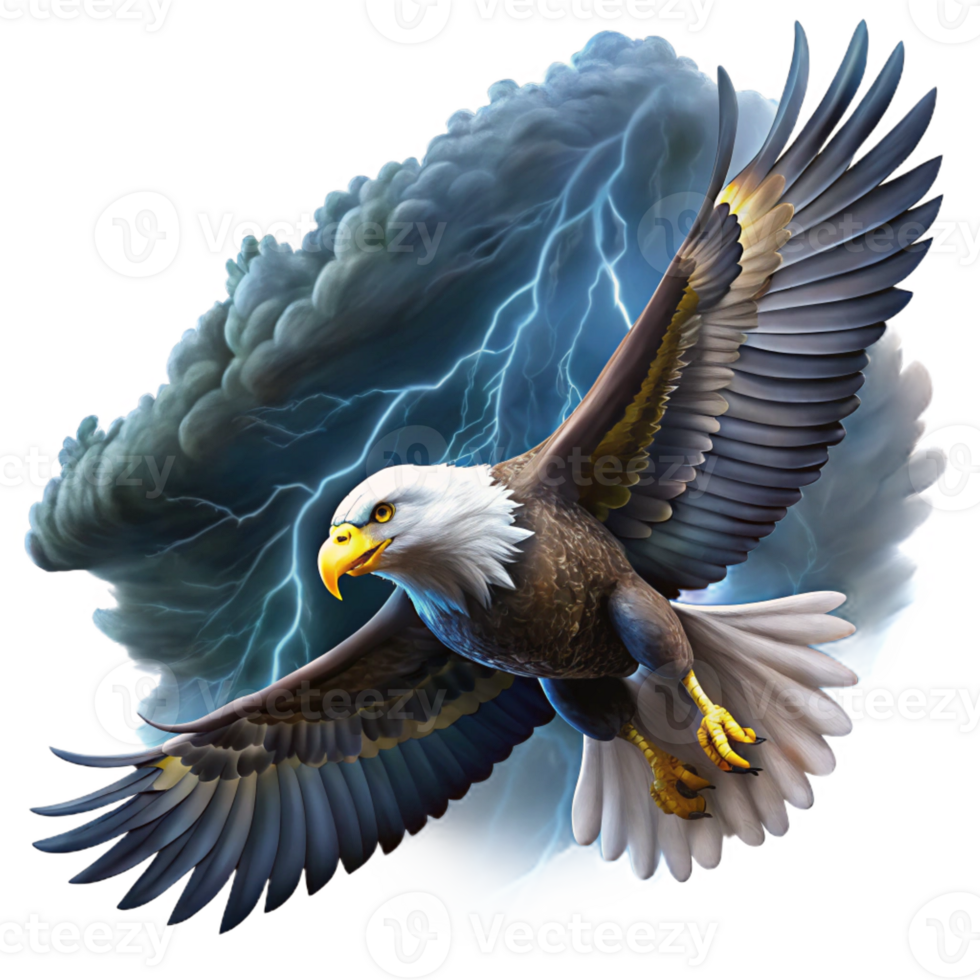 impressive artistic A majestic bald eagle soaring through a dramatic, stormy sky, illuminated by a flash of lightning, digital painting style professional png