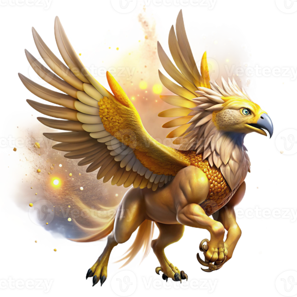 magnificent minimalist A majestic griffin with golden feathers and piercing amber eyes, soaring through a swirling nebula, illuminated by starlight. Digital painting style authentic png