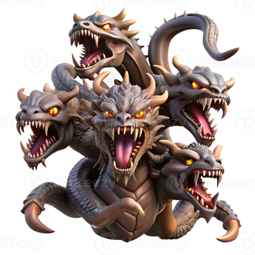 impressive modern A fierce hydra with multiple heads and venomous fangs, battling a group of heroes. Dramatic, high-contrast lighting. Epic Fantasy style 4K png