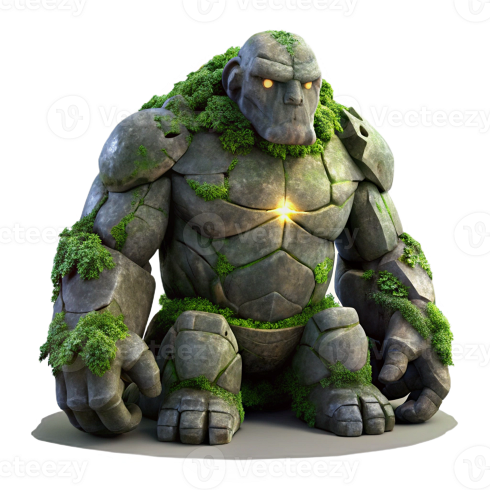 elegant minimalist A colossal stone golem awakens from its slumber, covered in moss and vines. Dramatic crepuscular lighting. Dark fantasy style high quality png