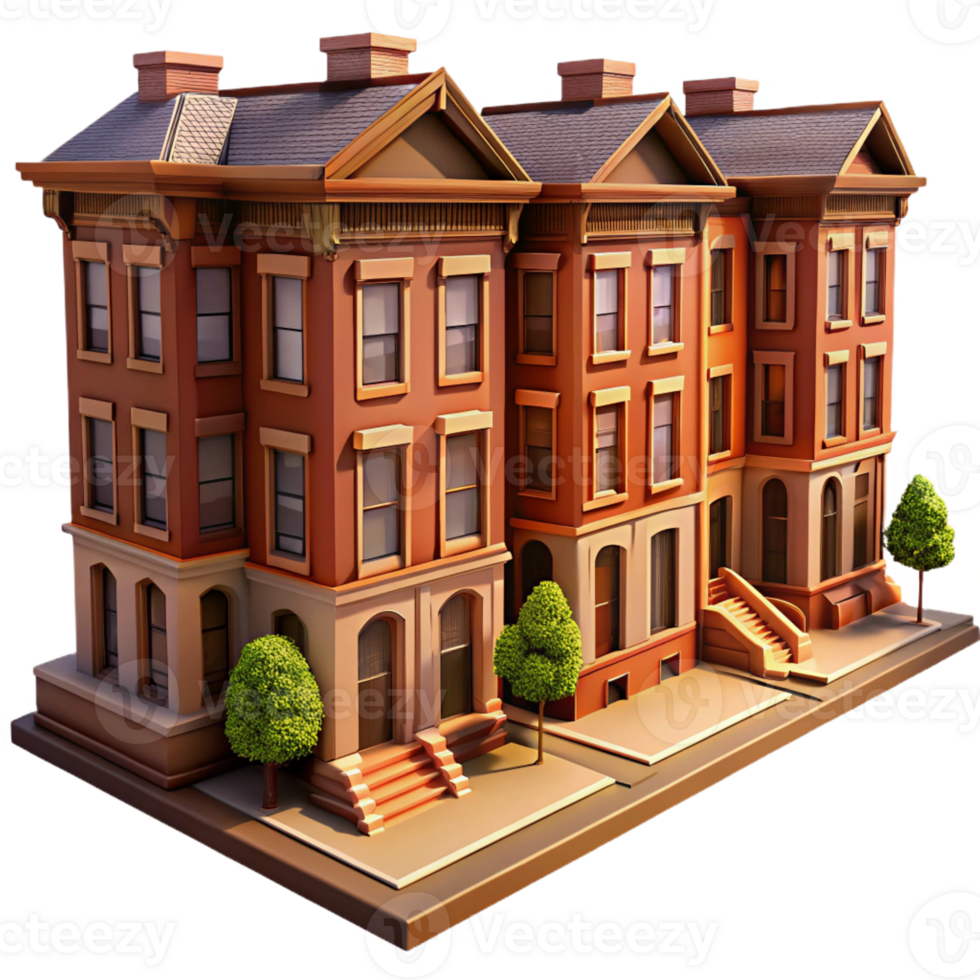 wonderful contemporary A row of brownstone buildings in a historic neighborhood, warm afternoon light, detailed architectural rendering, photorealistic style premium png
