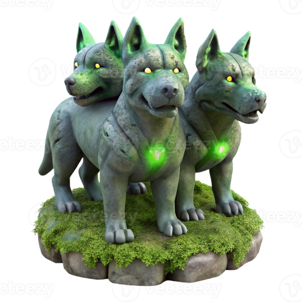 vibrant rustic A stoic, marble statue of a three-headed Cerberus, slowly cracking and overgrown with luminous moss, dimly lit by a green glow, in a realistic style high resolution png