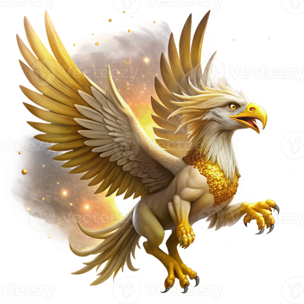 vibrant creative A majestic griffin with golden feathers and piercing amber eyes, soaring through a swirling nebula, illuminated by starlight. Digital painting style premium png