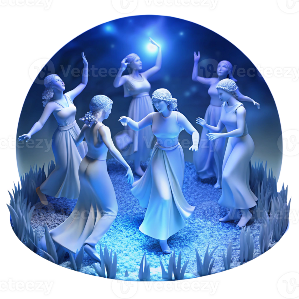 elegant contemporary A group of ethereal spirits dancing in a moonlit forest glade, bathed in soft, blue light, in a romantic, Pre-Raphaelite style genuine png