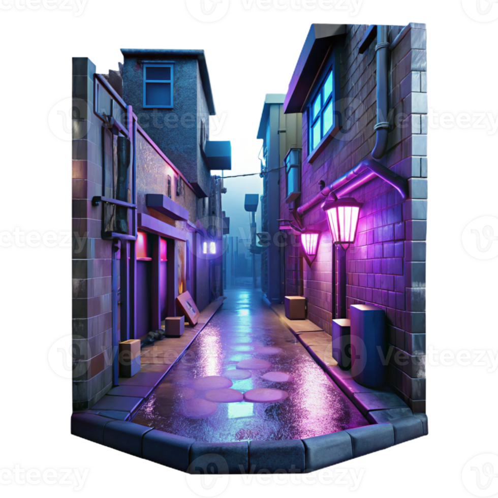 beautiful artistic Cyberpunk alleyway, neon signs, grimy textures, rainy night, dystopian style authentic png