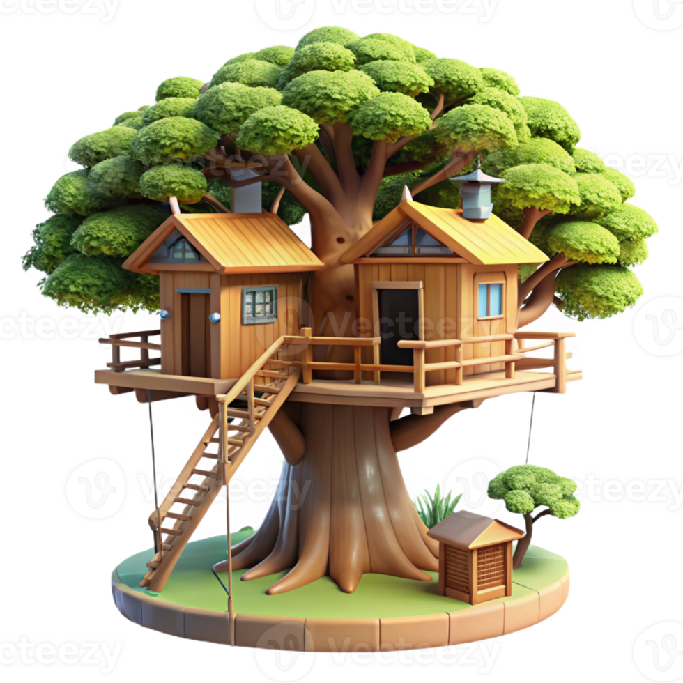 serene contemporary A treehouse built into a giant sequoia tree, with wooden walkways and balconies, sunlight filtering through the leaves. Fantasy art, nature-inspired, whimsical style authentic png