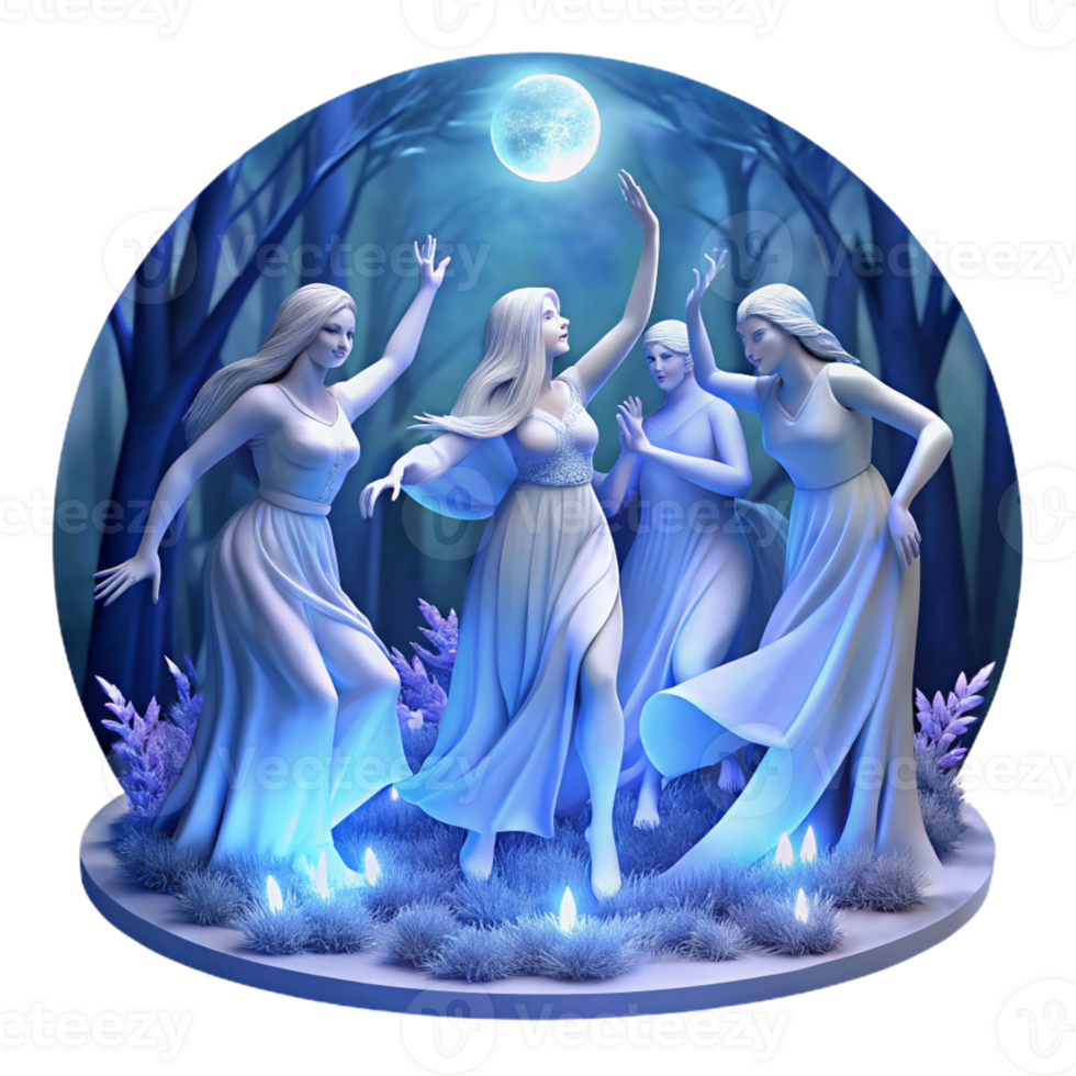 elegant contemporary A group of ethereal spirits dancing in a moonlit forest glade, bathed in soft, blue light, in a romantic, Pre-Raphaelite style exclusive png