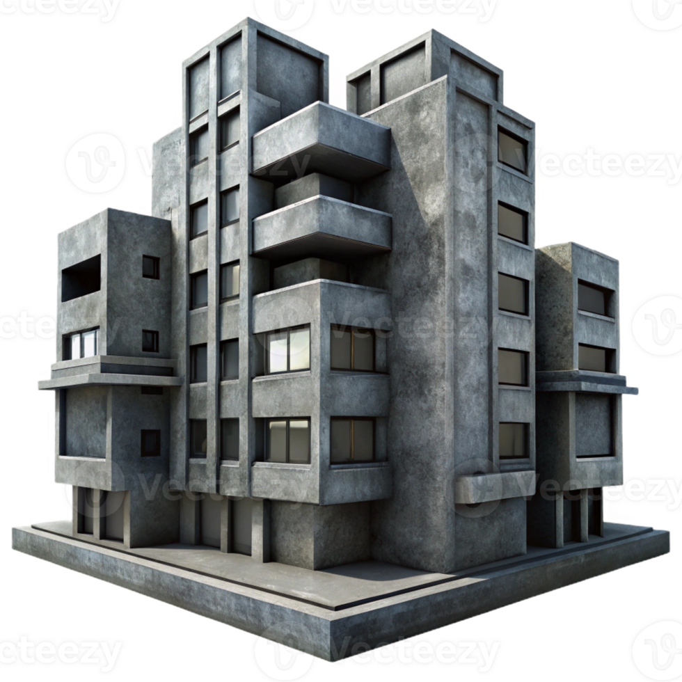 extraordinary minimalist Brutalist concrete apartment complex, harsh shadows, overcast sky, gritty photorealistic style high resolution png