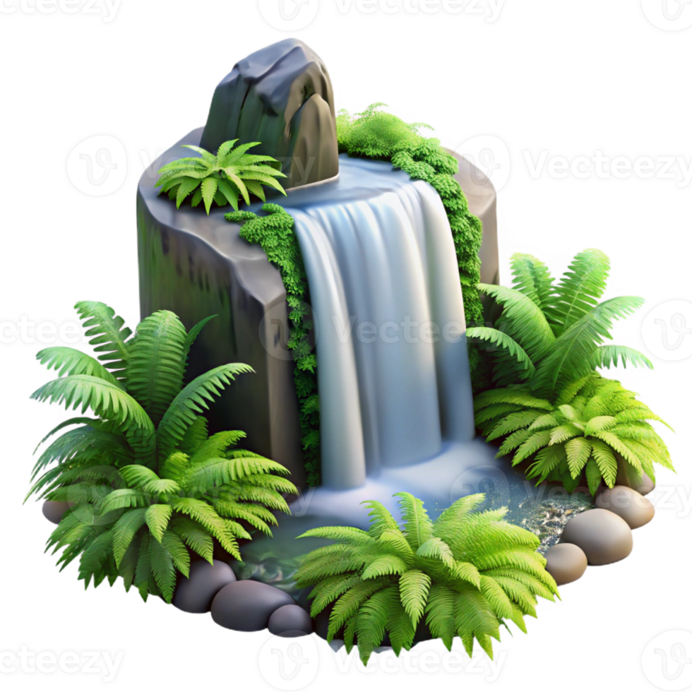 stunning abstract A cascading waterfall surrounded by lush green ferns, long exposure photography, serene atmosphere high quality png