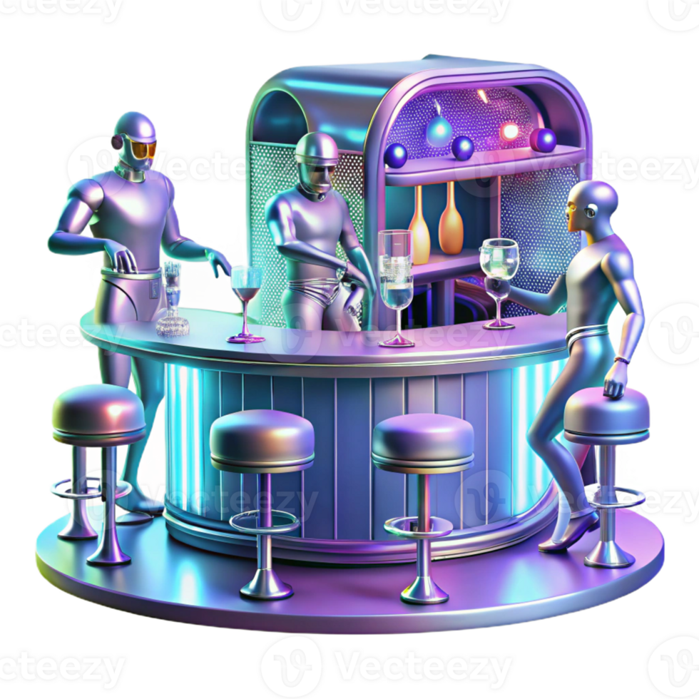 serene artistic A futuristic bar scene with holographic dancers and patrons with cybernetic implants, in a vibrant, art deco style 4K png