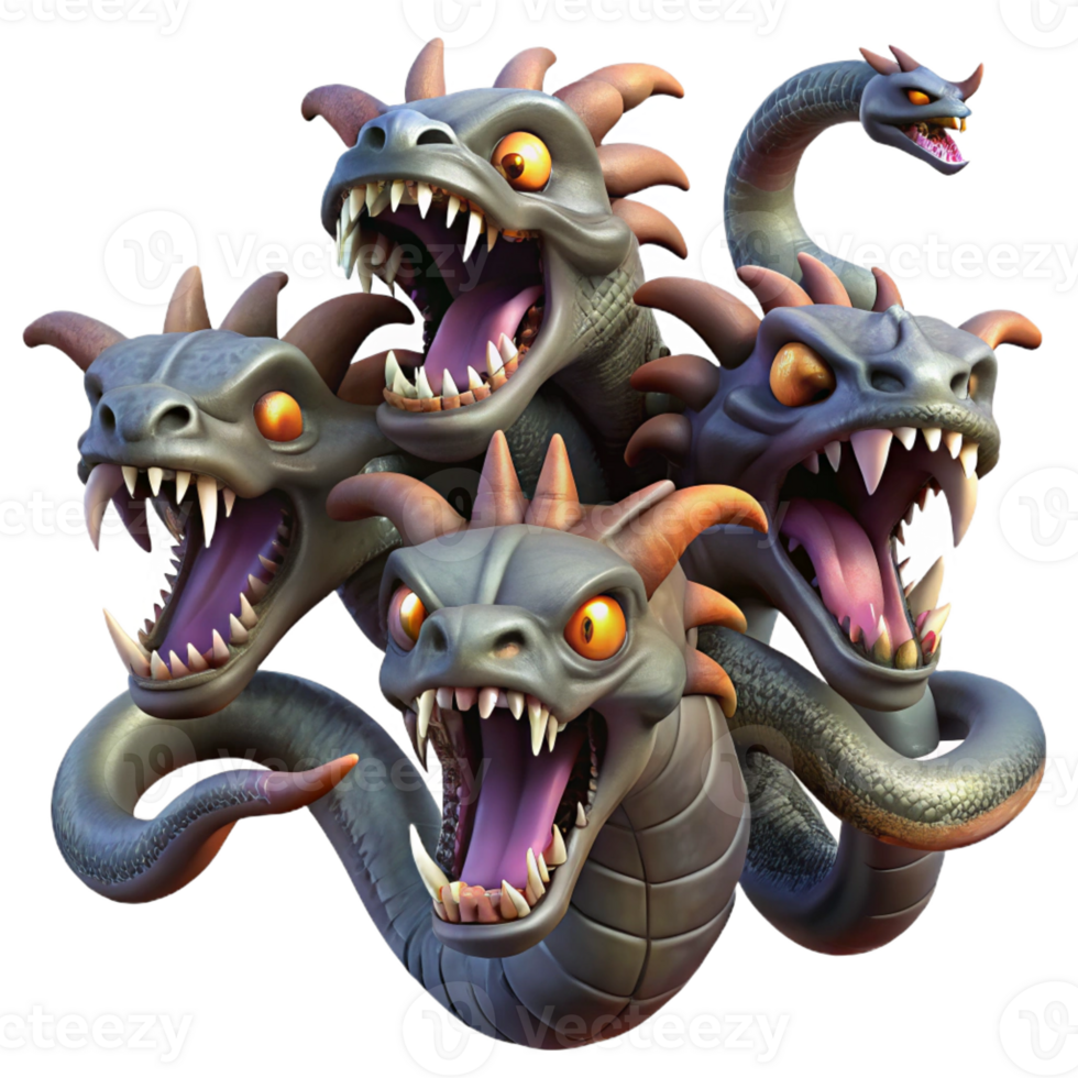 vibrant minimalist A fierce hydra with multiple heads, each spewing venomous fumes. Dark fantasy style, dynamic lighting authentic png
