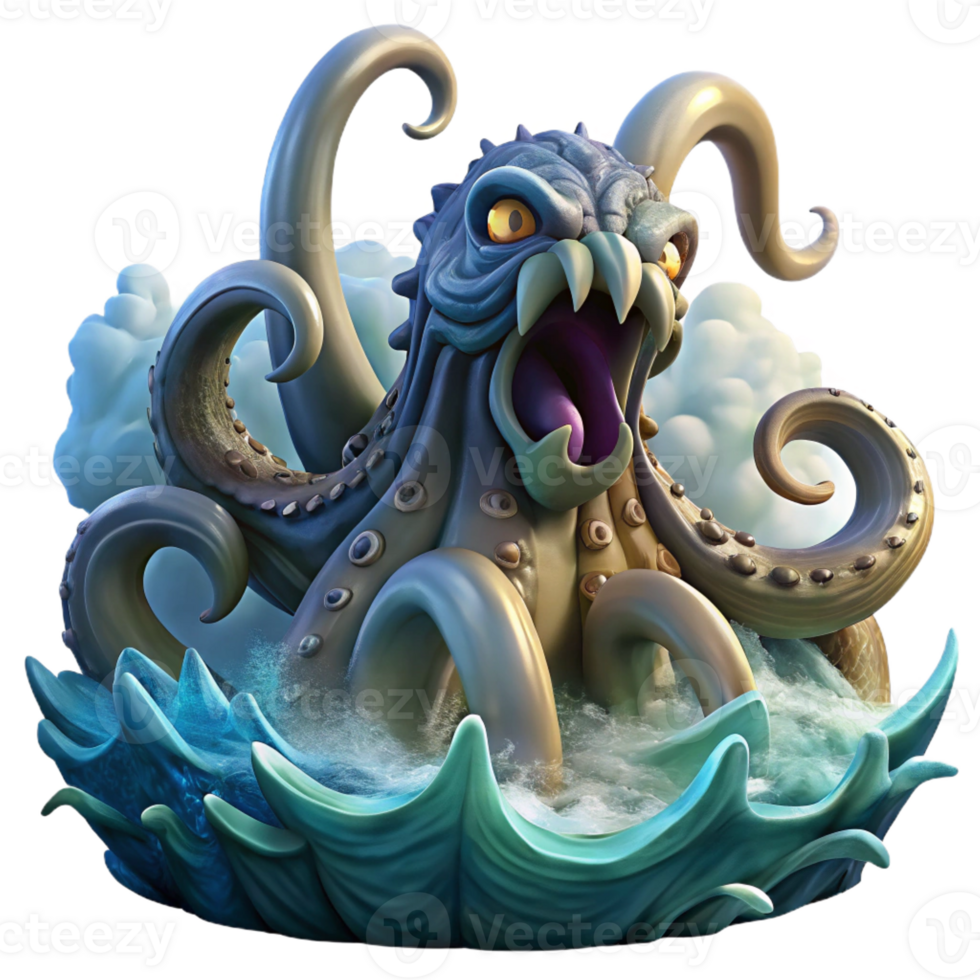 dramatic modern A colossal kraken with tentacles reaching towards the sky, emerging from a stormy sea. Dramatic, oceanic lighting. Seafaring fantasy style genuine png