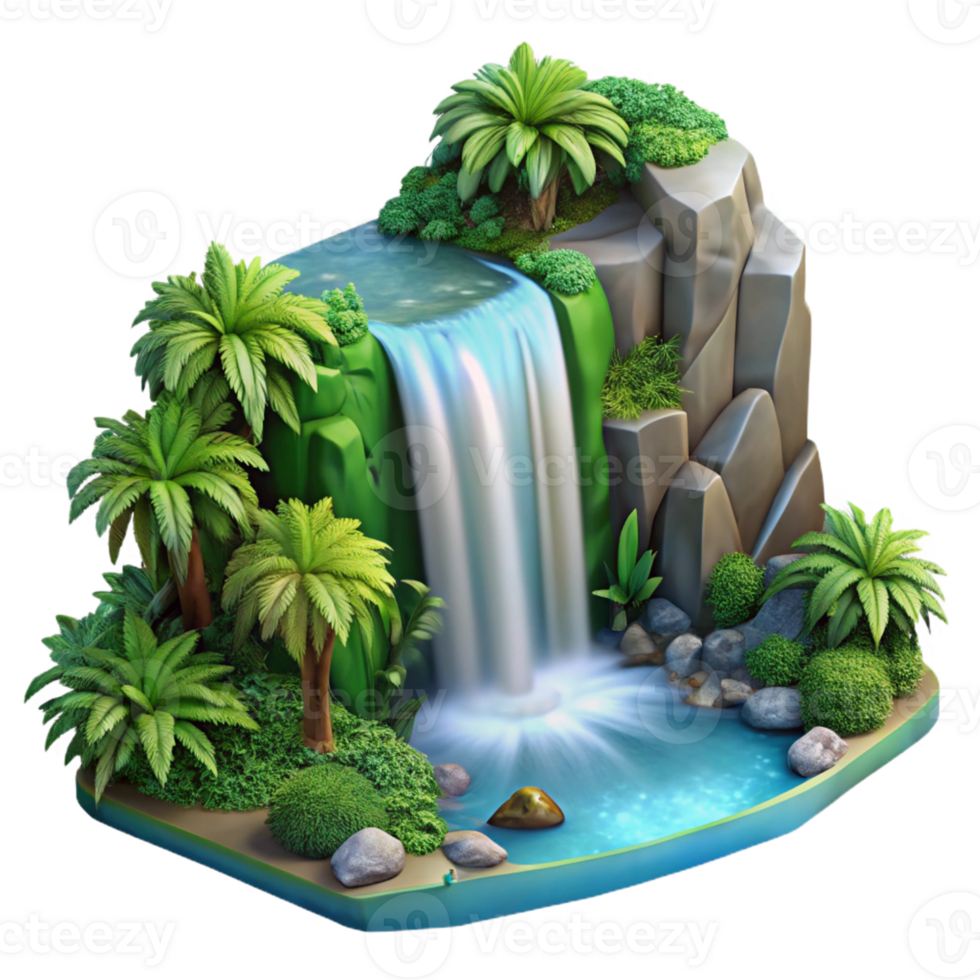 beautiful vintage A cascading waterfall in a tropical rainforest, lush greenery, photorealistic style professional png