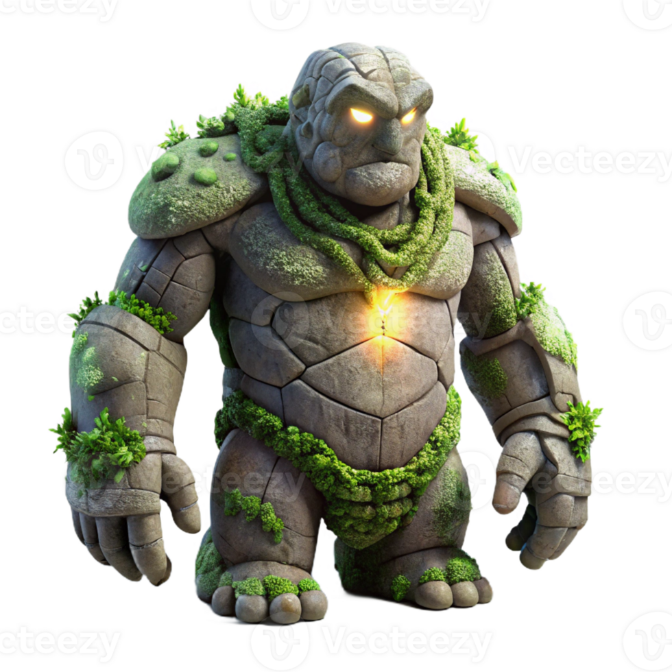 serene rustic An ancient, crumbling stone golem, covered in moss and vines, lit by a single beam of light. Surreal, dark fantasy style professional png