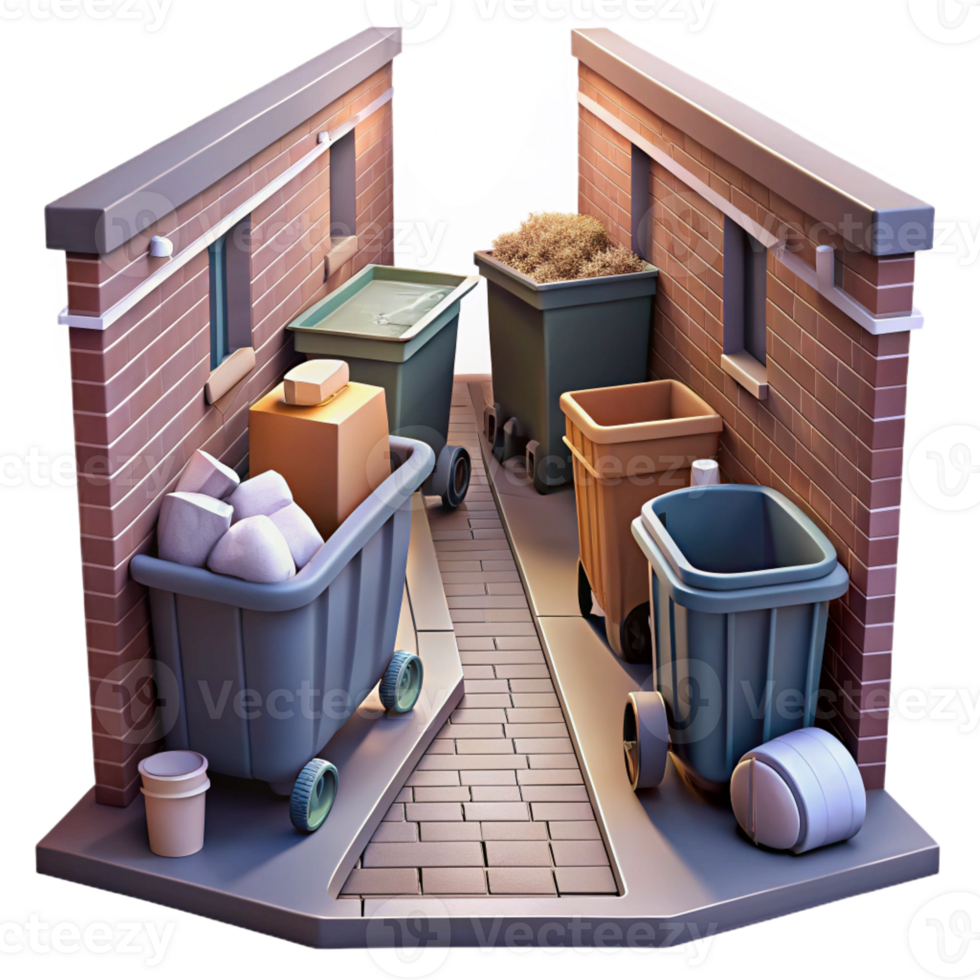 extraordinary rustic A view looking down a narrow alleyway filled with overflowing dumpsters, urban decay photography, gritty lighting professional png