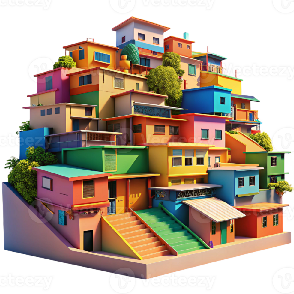 impressive classic A vibrant, colorful favela built on a steep hillside, bright midday sunlight, street photography style professional png