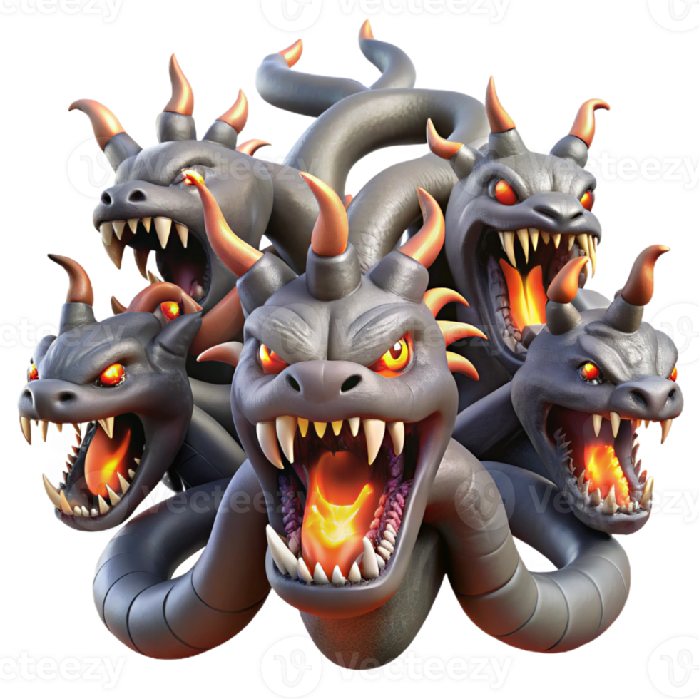 impressive traditional A colossal hydra with nine snarling heads, each dripping venom, lit by infernal flames, in a gritty realism style genuine png