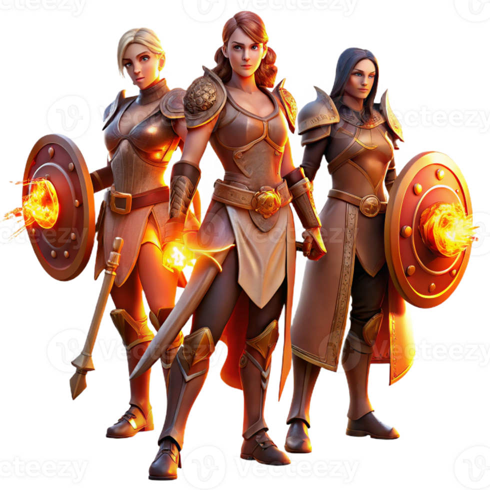 elegant creative A group of warrior women, armed with swords and shields, standing defiantly, illuminated by a fiery sunset. Epic fantasy style detailed png