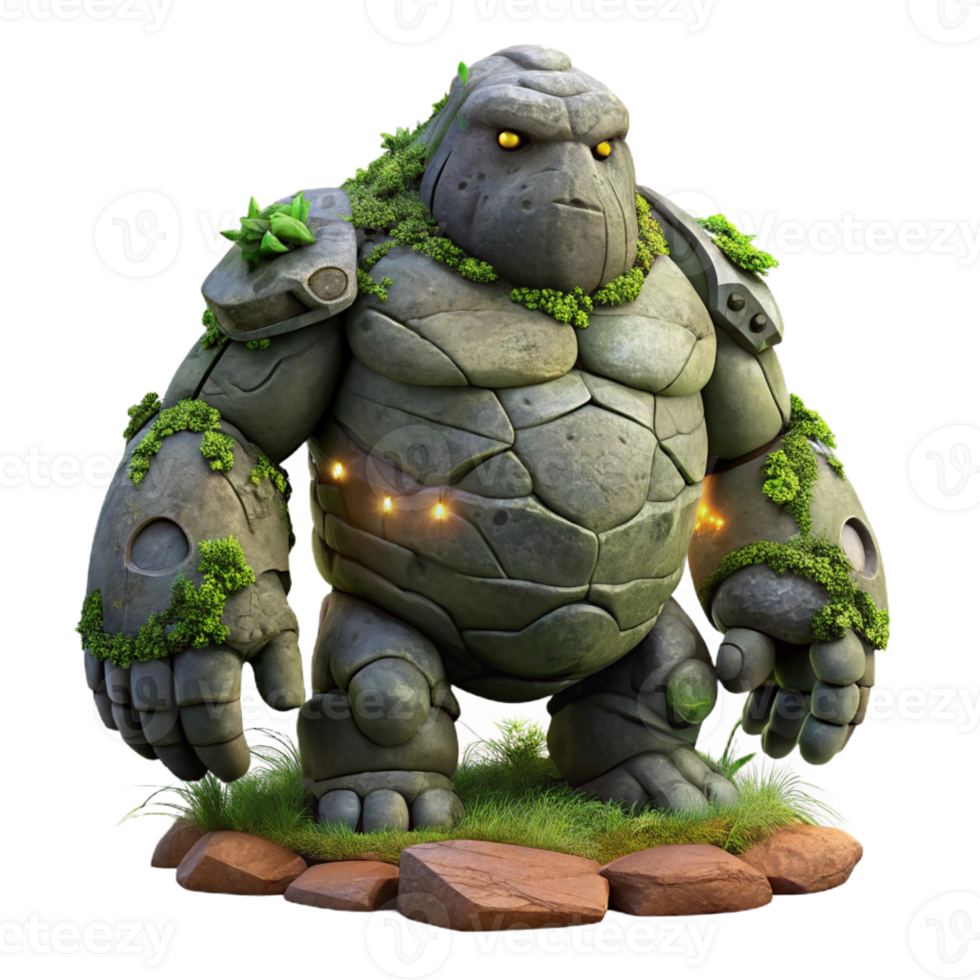 stunning minimalist A colossal stone golem awakens from its slumber, covered in moss and vines. Dramatic crepuscular lighting. Dark fantasy style premium png