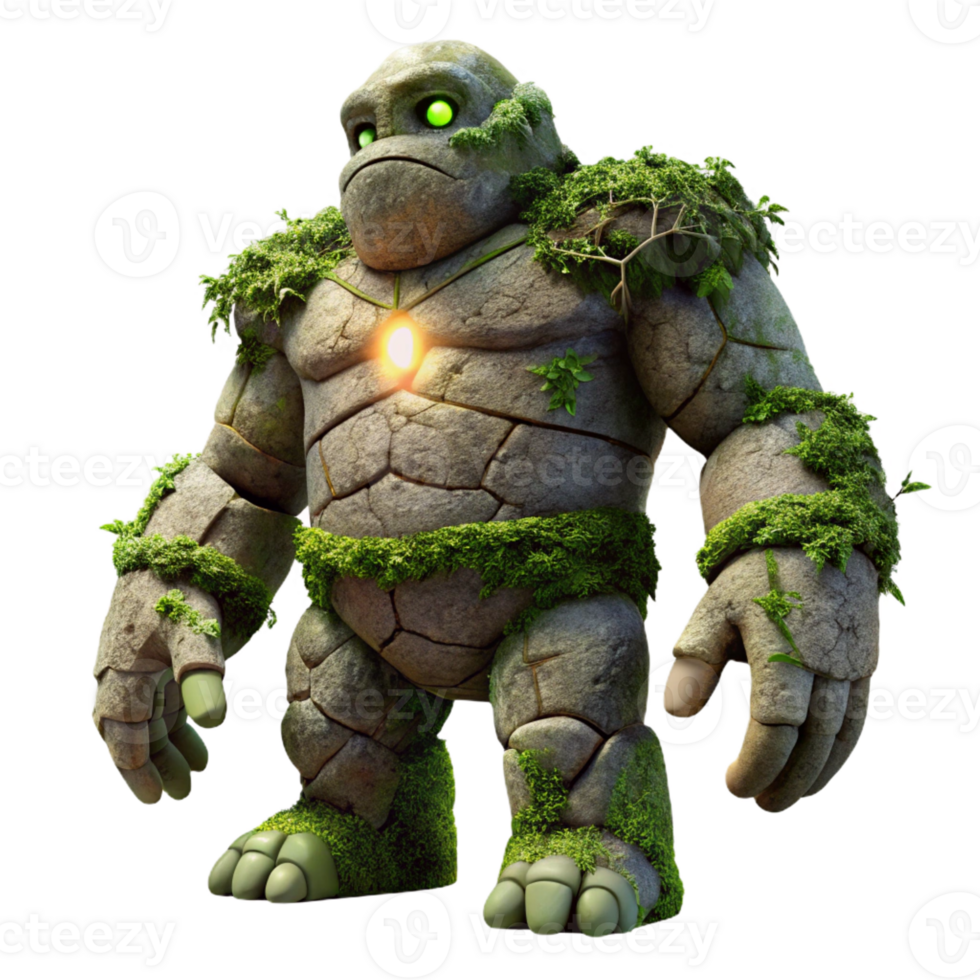 elegant minimalist An ancient, crumbling stone golem, covered in moss and vines, lit by a single beam of light. Surreal, dark fantasy style genuine png