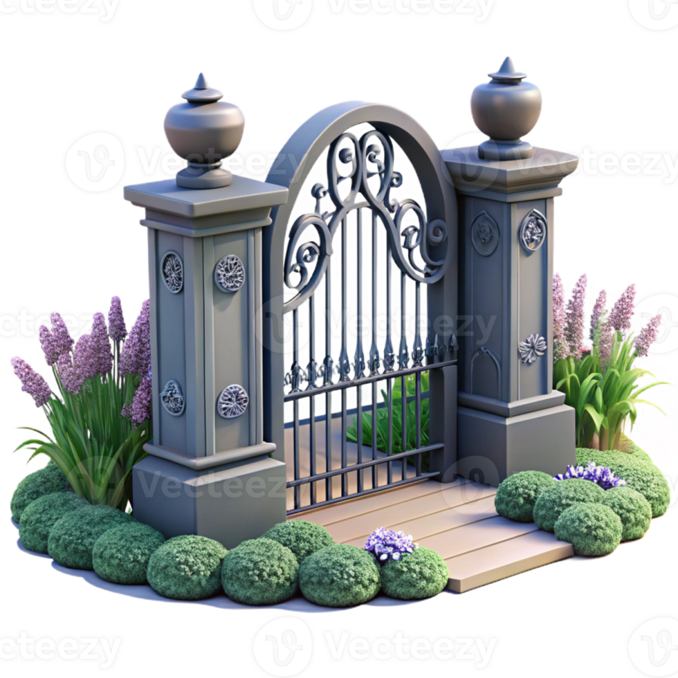 stunning modern A wrought-iron gate guarding an urban garden, intricate details, soft afternoon light, romantic atmosphere premium png