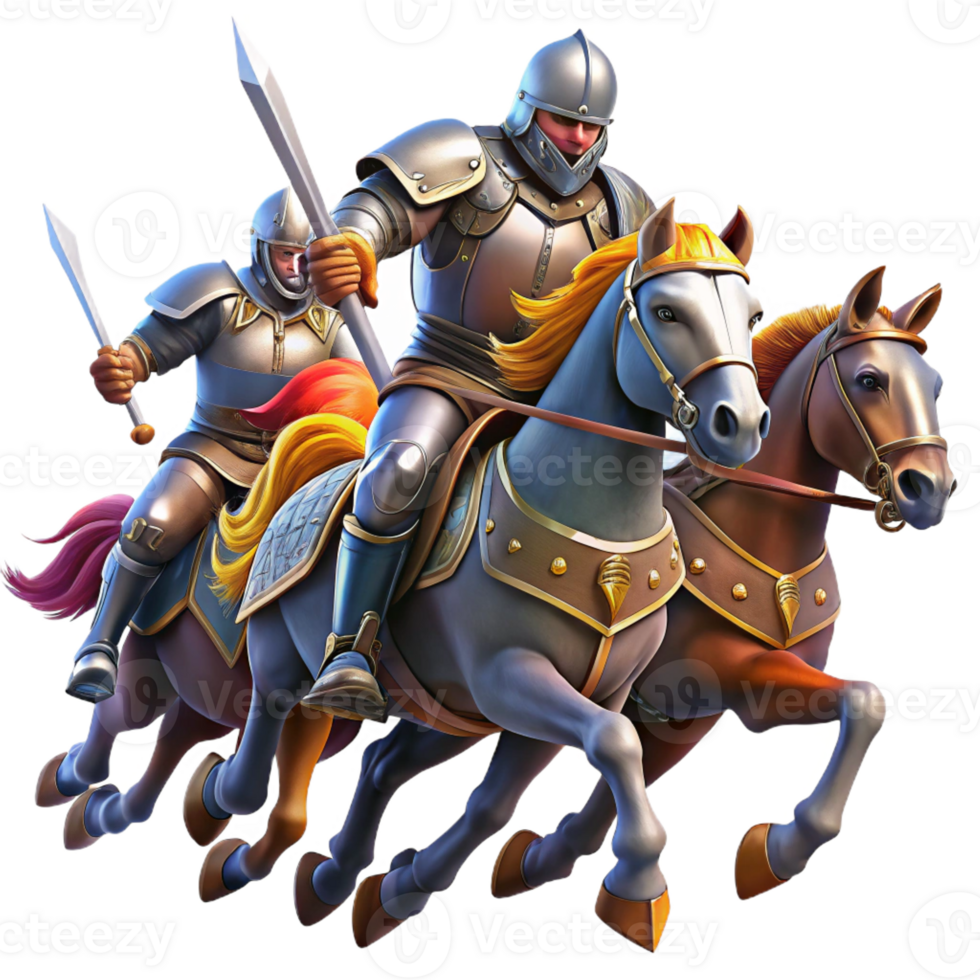vibrant classic A group of brave knights in shining armor, charging into battle on horseback. Dramatic, action-packed lighting, medieval fantasy style high quality png