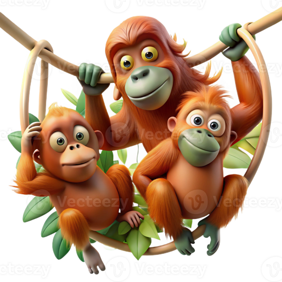 elegant modern A family of orangutans swinging through the rainforest canopy, dappled sunlight, dynamic and energetic style original png