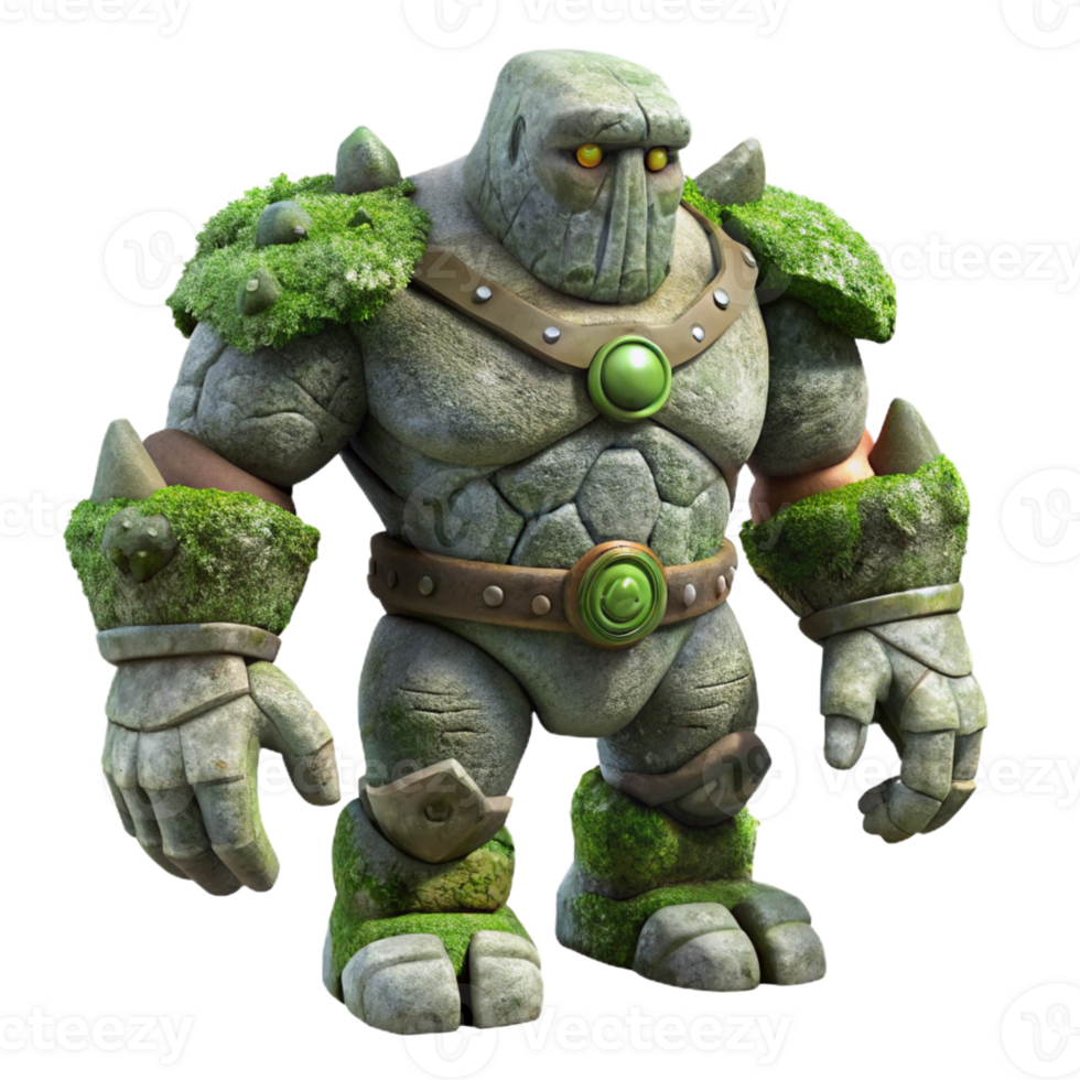 extraordinary vintage A powerful golem made of stone and moss, standing guard in a forgotten temple. Soft, ambient lighting, ancient fantasy style original png