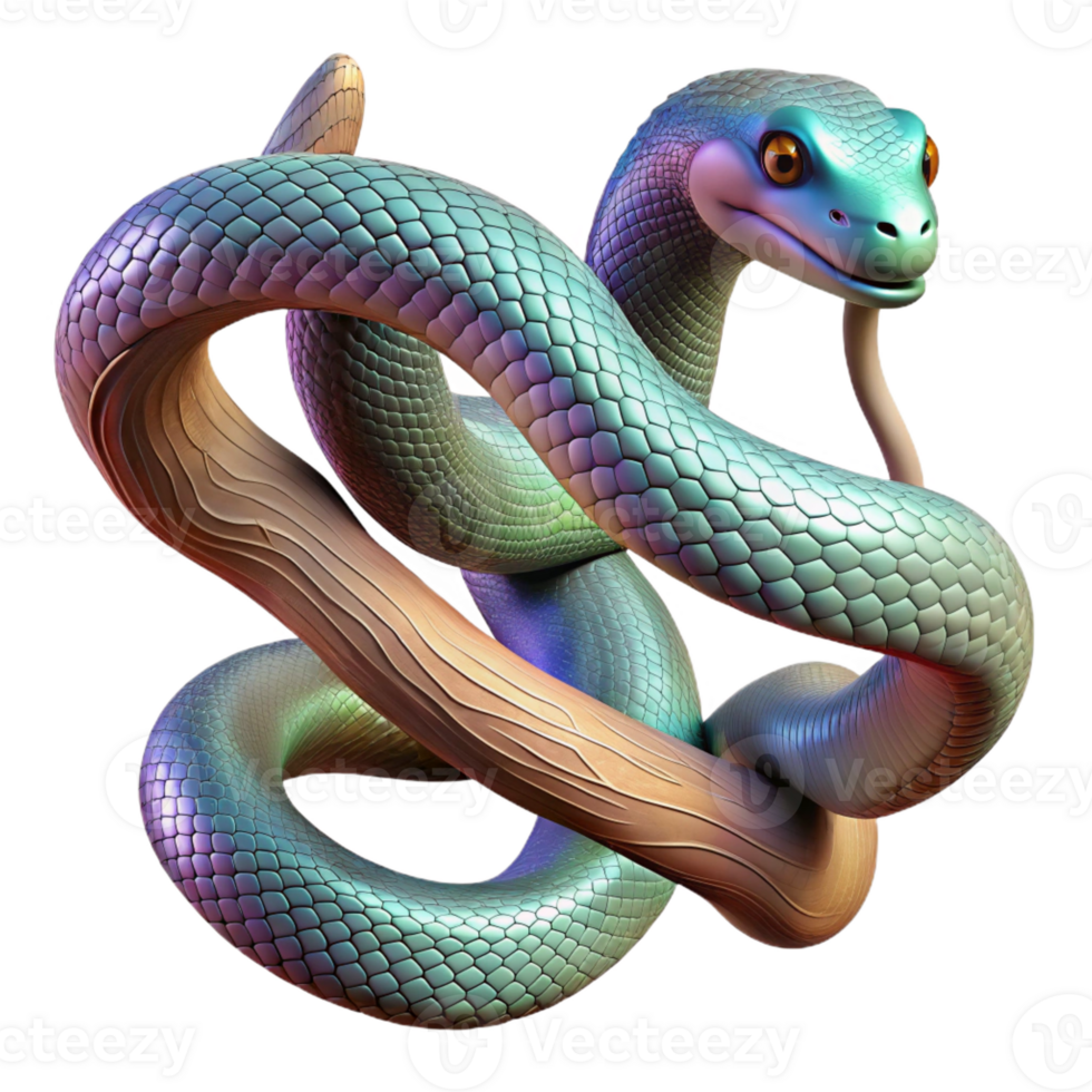 impressive abstract A slithering snake with iridescent scales, coiled around a tree branch, its tongue flicking out. Detailed, realistic rendering premium png