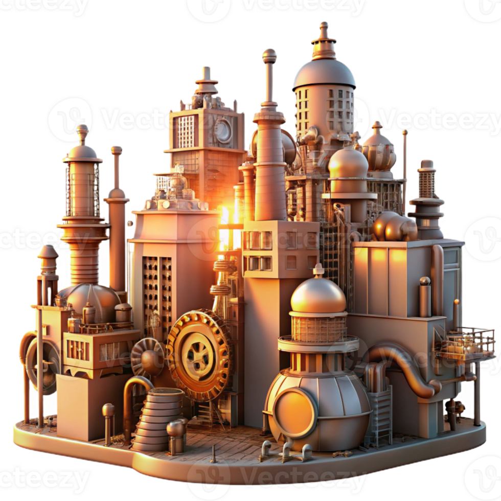 magnificent traditional A steampunk cityscape, towering buildings with intricate pipes and gears, bathed in the orange glow of a setting sun, detailed painting style professional png