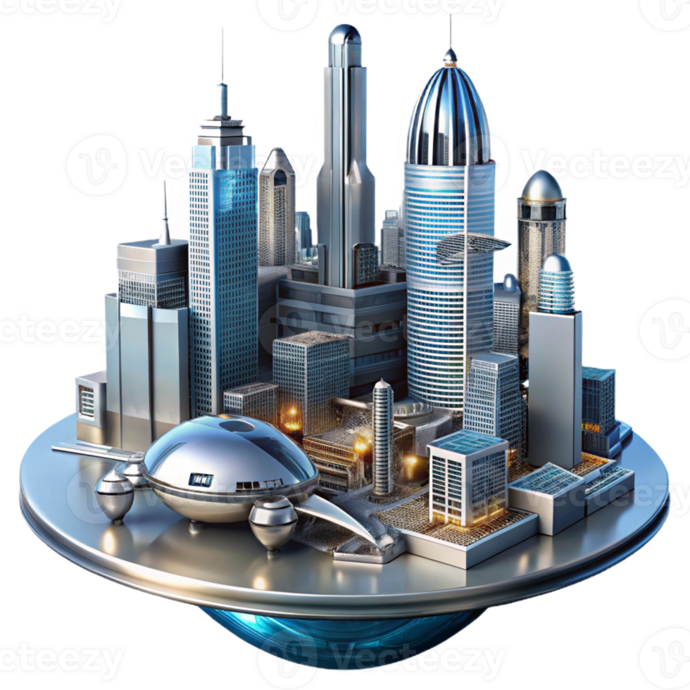 beautiful artistic A futuristic cityscape, towering skyscrapers and flying vehicles, reflected in the polished chrome surface of a robotic arm. Cyberpunk style, digital art genuine png
