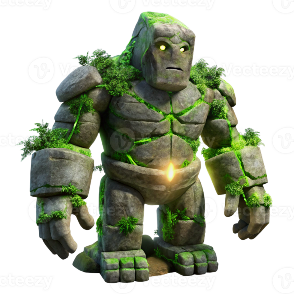 vibrant classic An ancient, crumbling stone golem, covered in moss and vines, lit by a single beam of light. Surreal, dark fantasy style 4K png