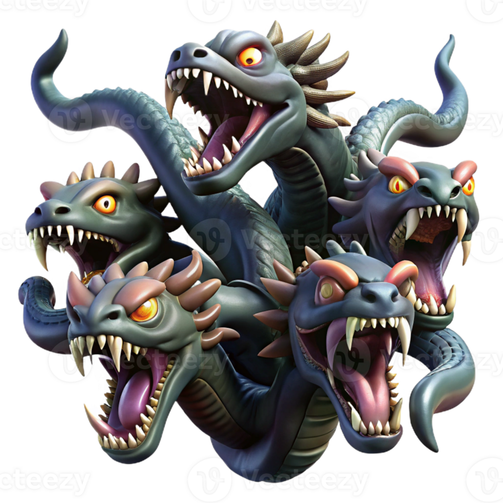 beautiful traditional A fierce hydra with multiple heads and venomous fangs, battling a group of heroes. Dramatic, high-contrast lighting. Epic Fantasy style genuine png