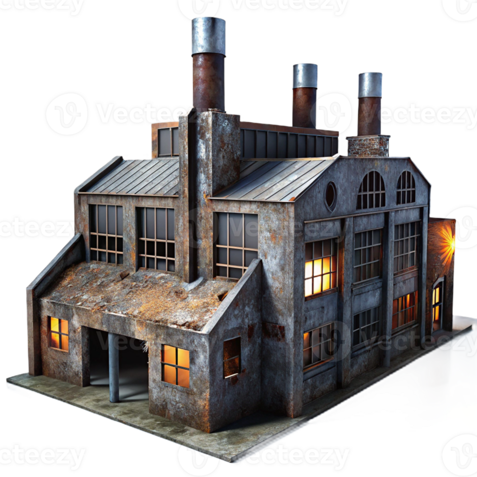 serene vintage An abandoned industrial factory with rusty metal structures and broken windows, dimly lit by moonlight. Urban decay, dystopian, grunge aesthetic high quality png