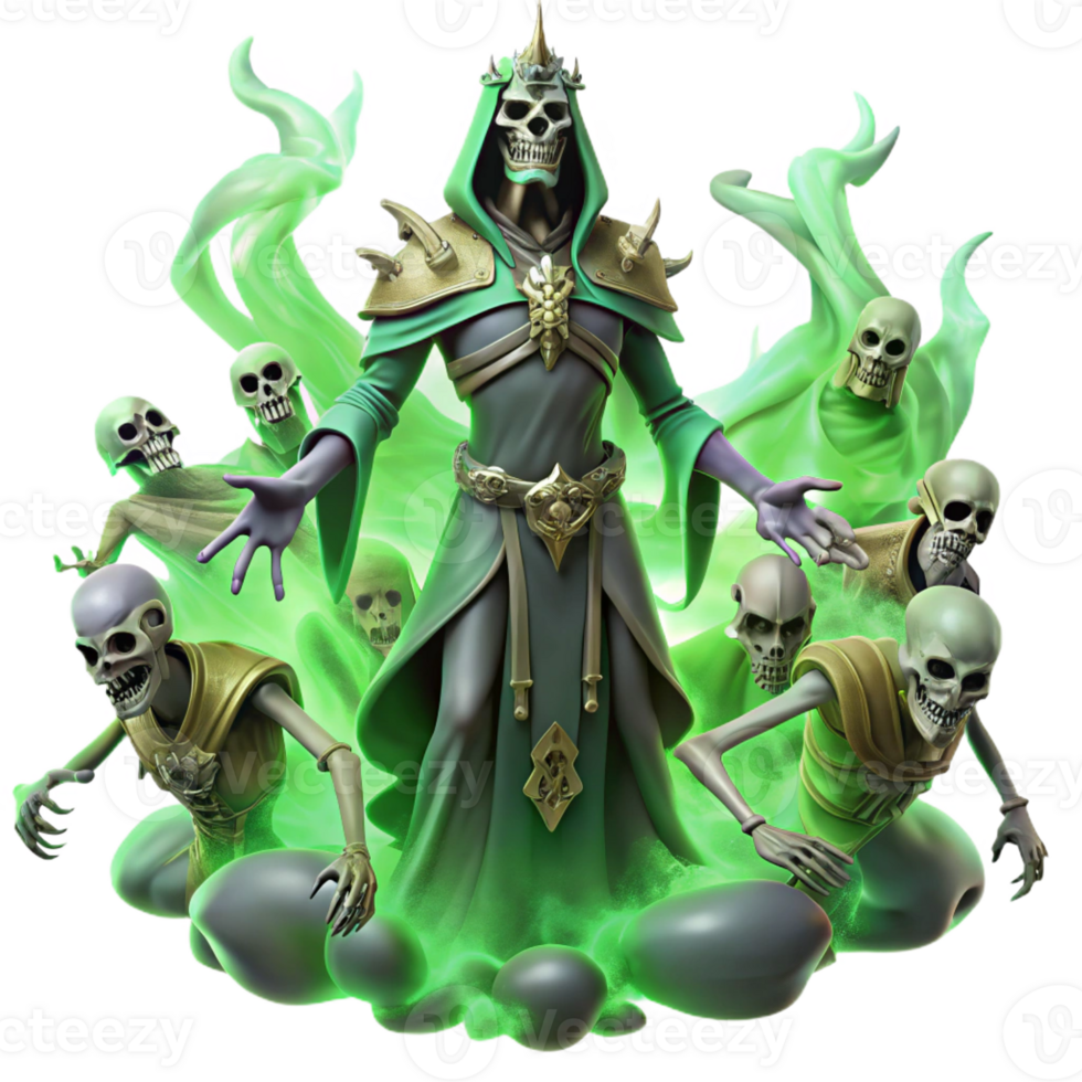 elegant traditional A powerful necromancer summoning a horde of skeletal warriors, surrounded by swirling, green mist, lit by the glow of a necromantic ritual. Lars Grant-West, dark fantasy, magic 4K png