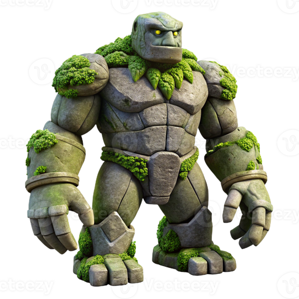wonderful modern A powerful golem made of stone and moss, standing guard in a forgotten temple. Soft, ambient lighting, ancient fantasy style professional png
