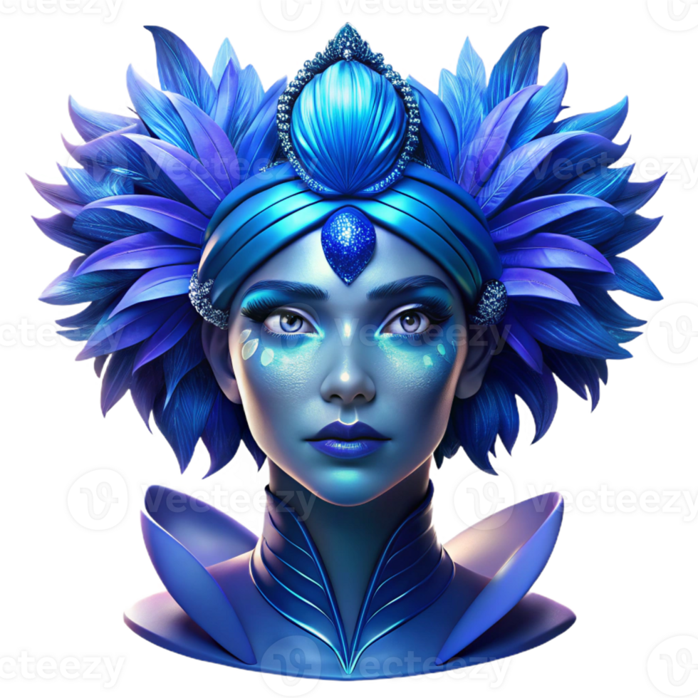wonderful abstract Portrait of a woman with vibrant blue makeup and elaborate headwear adorned with feathers, lit by dramatic chiaroscuro lighting, in an Art Deco style original png