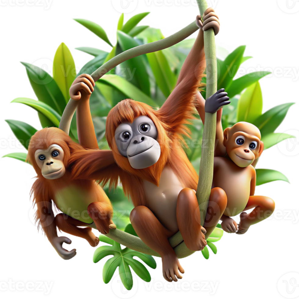 serene artistic A family of orangutans swinging through the rainforest canopy, dappled sunlight, dynamic and energetic style authentic png