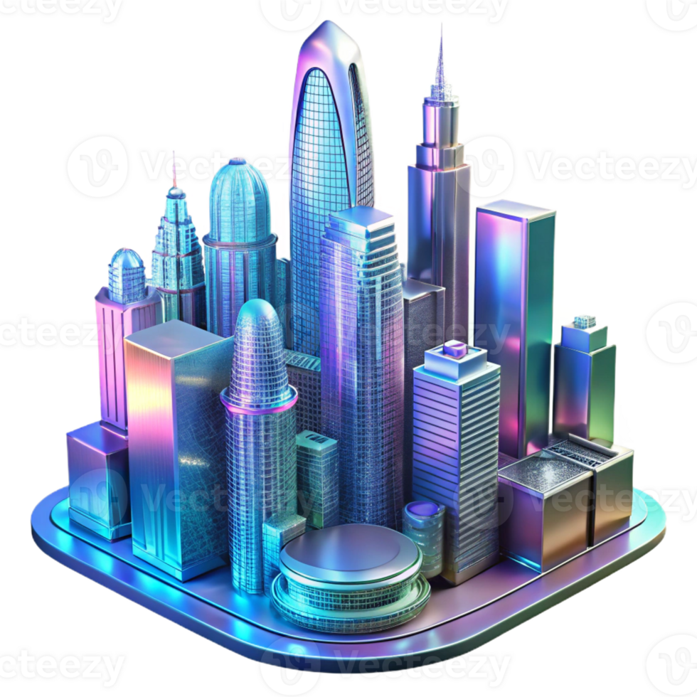 dramatic contemporary A futuristic cityscape with towering skyscrapers made of glass and steel, reflecting the vibrant colors of a holographic advertisement. Art deco style high quality png