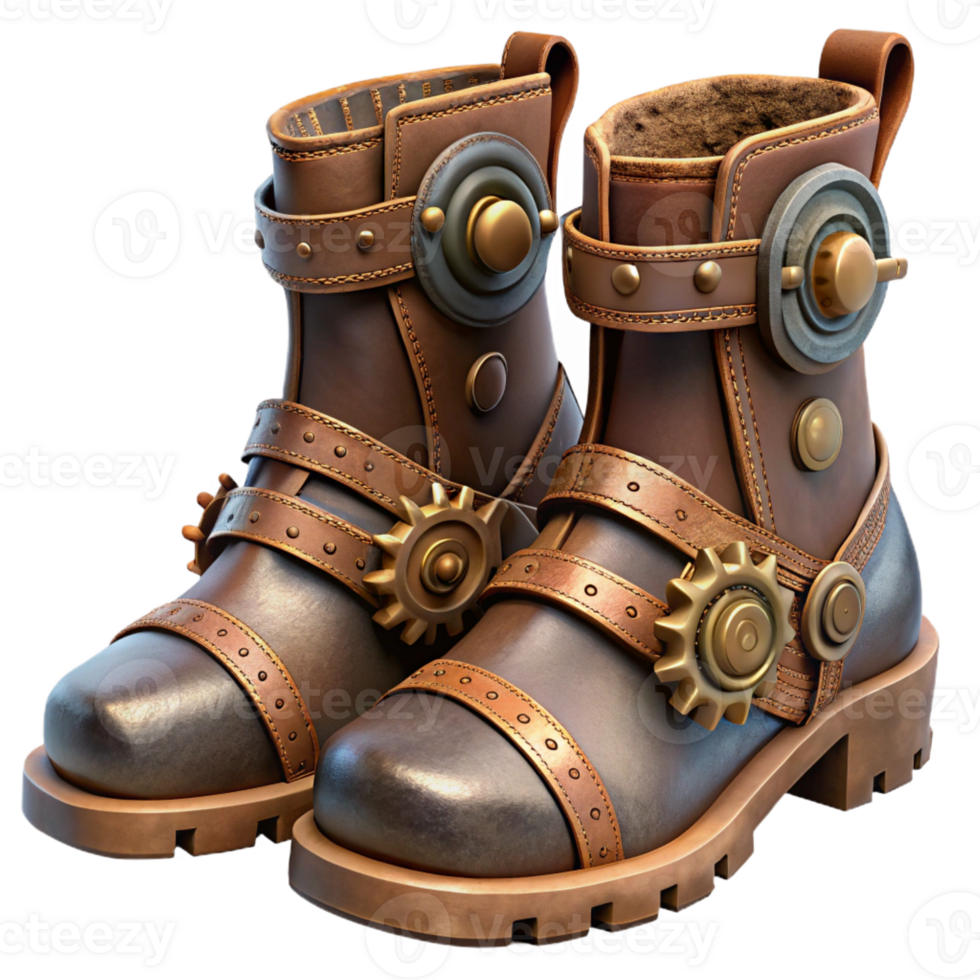 extraordinary rustic Steampunk boots, leather and steel, intricate buckles and gears, mud splattered, dimly lit, highly detailed, realistic premium png