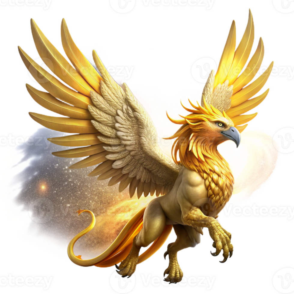 wonderful artistic A majestic griffin with golden feathers and piercing amber eyes soaring through a swirling nebula. Epic fantasy style, dramatic lighting detailed png