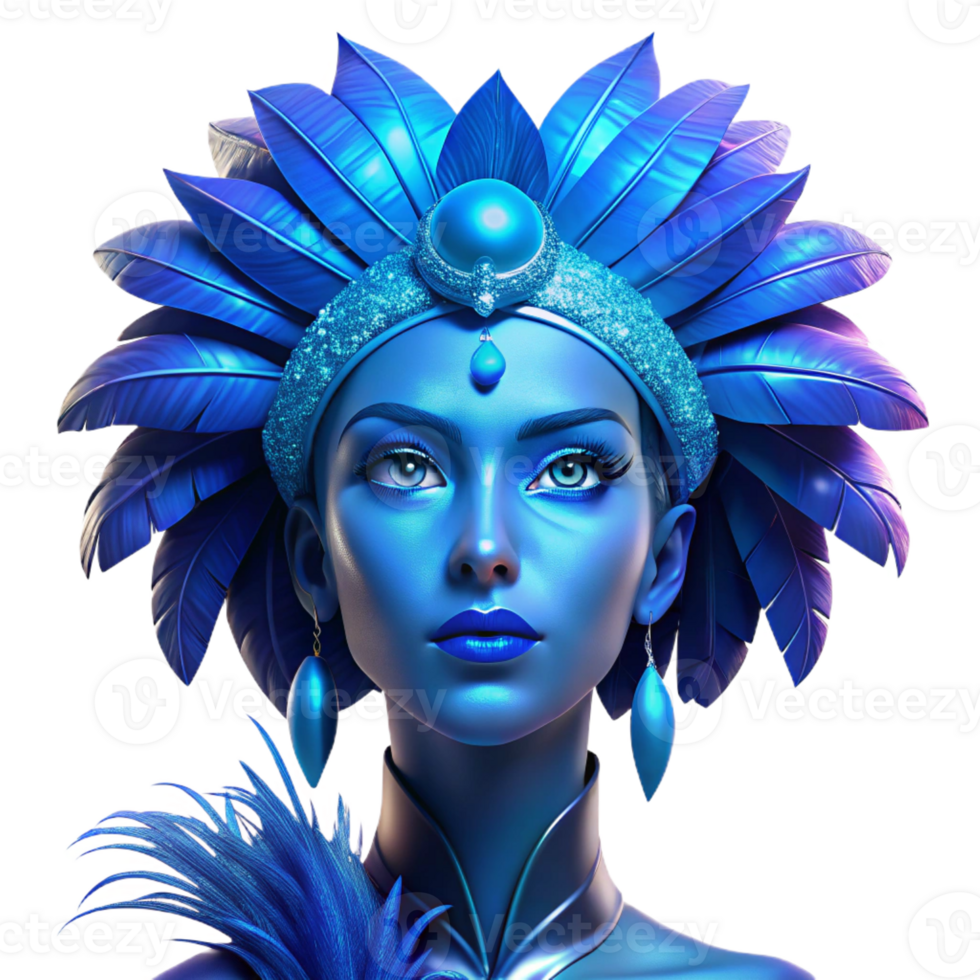 serene creative Portrait of a woman with vibrant blue makeup and elaborate headwear adorned with feathers, lit by dramatic chiaroscuro lighting, in an Art Deco style detailed png
